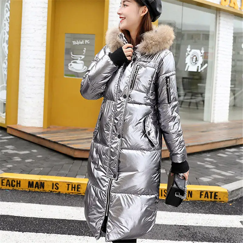 Shining Winter Jacket Women Long Parka Real Raccoon Fur Collar Coat Female Hooded Parka Warm Long Jackets Plus Size - Цвет: Silver Gray