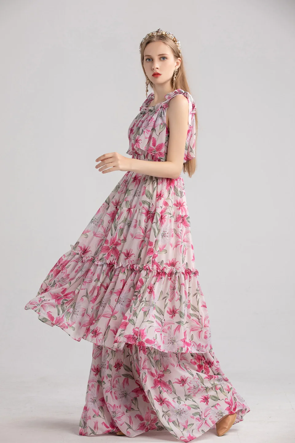 by Megyn Fashion Runway Autumn Long Sleeveless Maxi Dress Women's elastic Waist Floral Print Elegant Party Holiday Long Dress