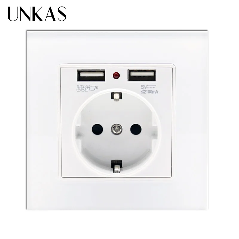 UNKAS Dual 2100mA USB Socket Luxury Glass Panel Wall Power USB Socket EU Standard Socket With USB Charger Port for Mobile