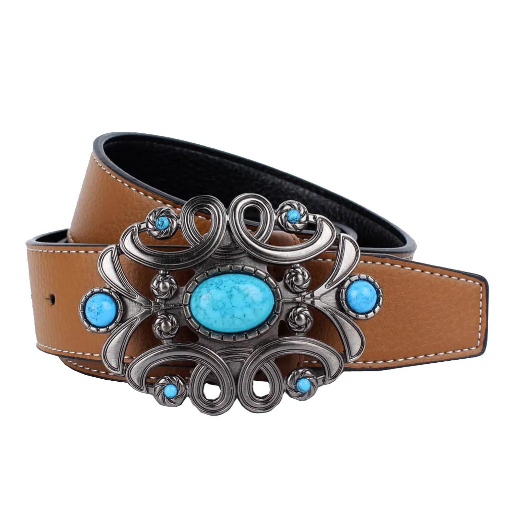 Luxury Leather Belt Turquoise Gem Buckle Men`s Jeans Waistband Waist Strap