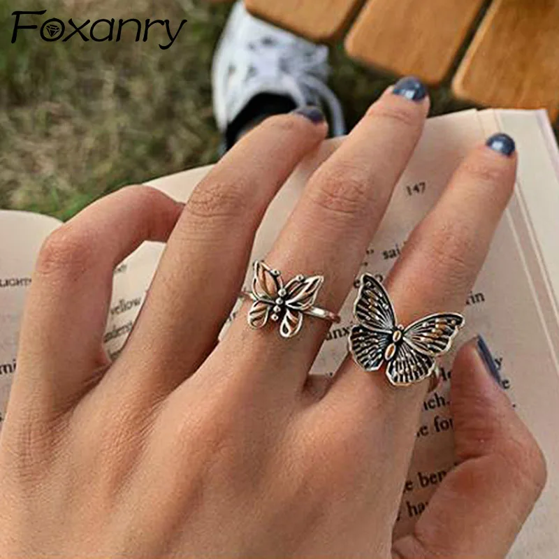 Bajo costo Foxanry-anillos de mariposa de Plata de Ley 925 para mujer, joyería fina Vintage Punk, accesorios para fiesta de cumpleaños, regalos 9YaLQgJWAog