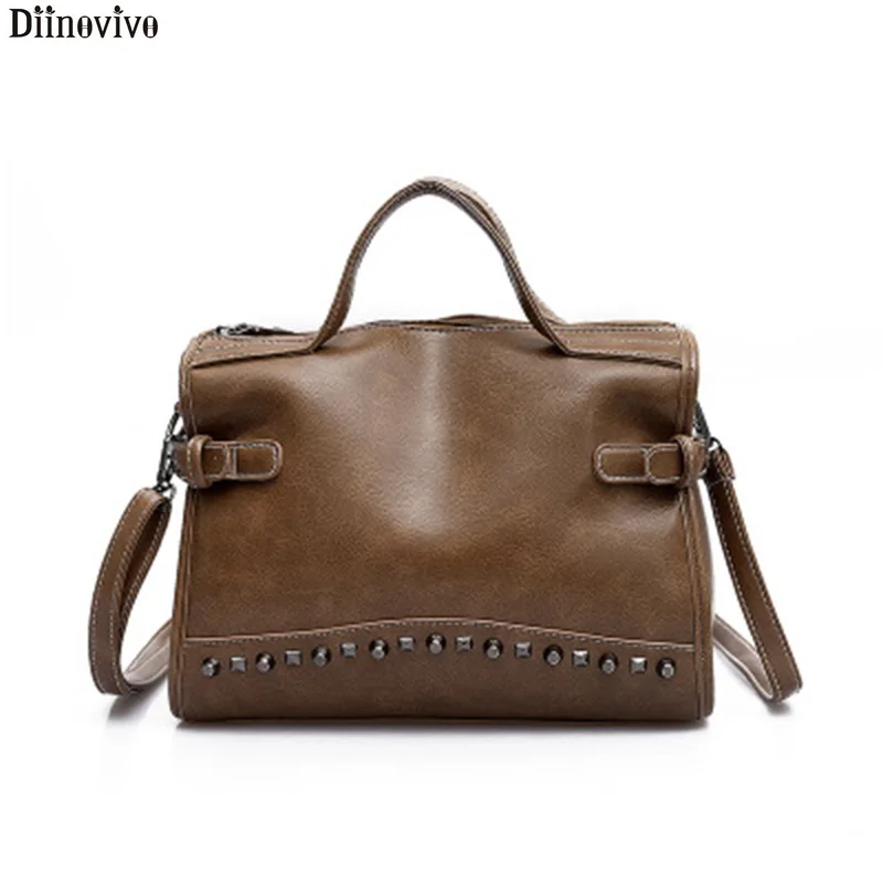 

Diinovivo Rivet Leather Handbag Vintage Bags Large Capacity Tote Handbags Solid Color Winter Bag 2020 New Trend Female WHDV1591