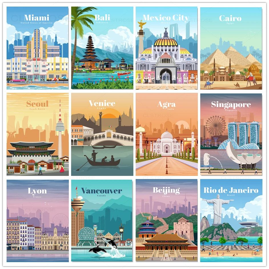 City Travel Landscape Poster Cairo Melbourne Singapore Mexico Agra Canvas Prints Nordic Wall Art Picture Livingroom Office Decor | Дом и сад