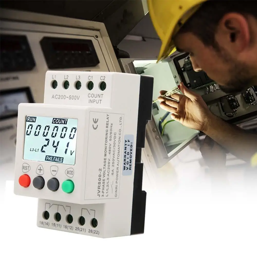 RD6-W Voltage Monitor Relay 3 Phase Voltage Sequence Protector with LCD Display for 35mm DIN Rail 208-480VAC