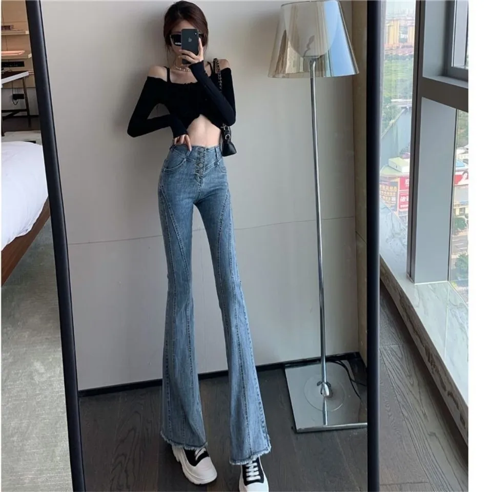Women's Single Breasted High Waist Flare Jeans Summer Autumn Slim Long Boot Cut Denim Pants Ladies Streetwear Jeans