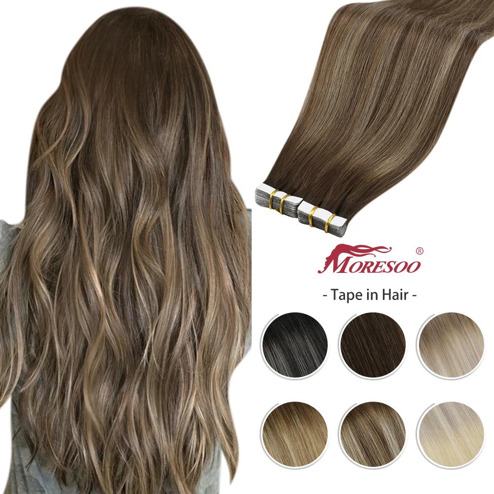 Moresoo Tape in Hair Extension Balayage Ombre Machine Remy Real Human Hair for Women Invisible Seamless PU Skin Weft Straight
