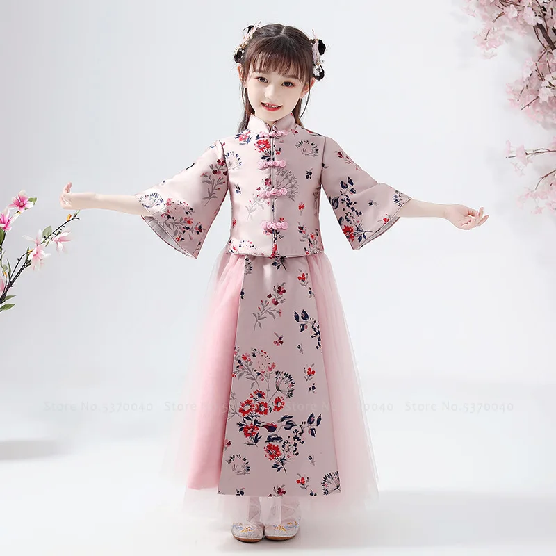 Китайский традиционный костюм в стиле Тан для девочек Hanfu/Детское платье принцессы с вышивкой, Ципао, торжественное платье детский праздничный костюм Ципао для выступлений