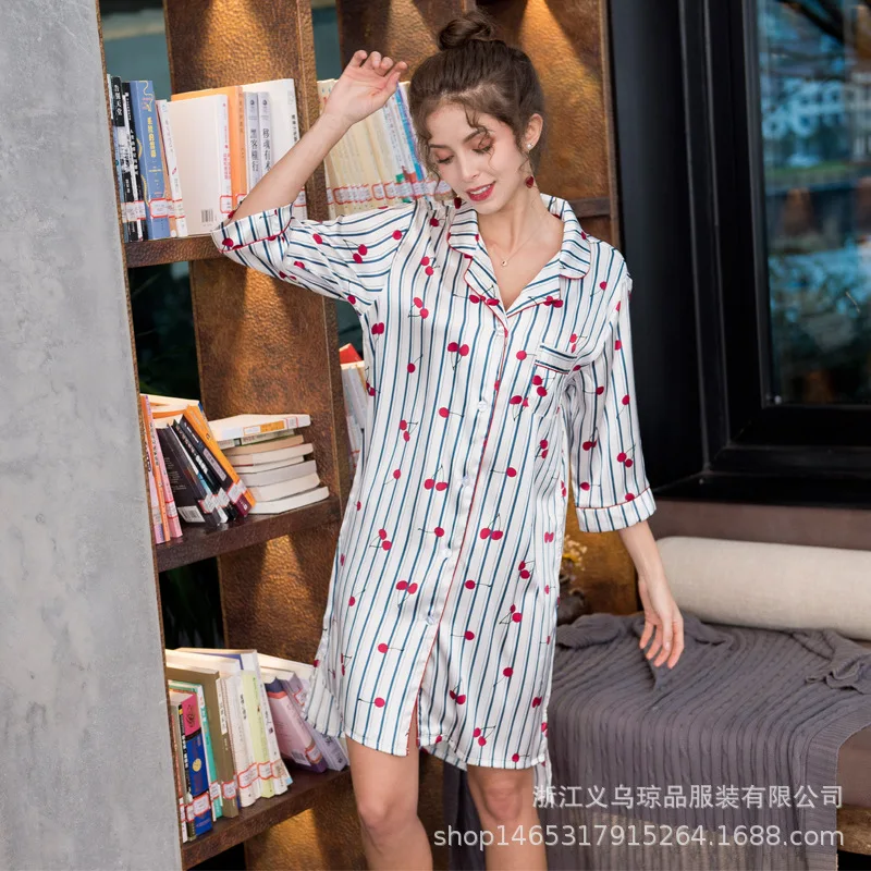 Striped Cherry Женское сексуальное нижнее белье, одежда для сна, тонкое ночное белье с принтом, женская шелковая рубашка с длинными рукавами, удобное сексуальное женское белье, ночная сорочка - Цвет: Striped Cherry