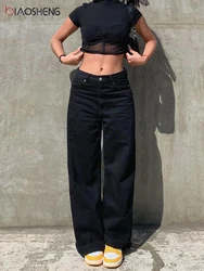 Baggy calças de brim em linha reta preto cintura alta calças de brim perna larga solta magro confortável feminino jean calças y2k streetwear roupas femininas
