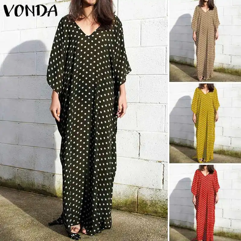 VONDA макси длинные платья женское сексуальное платье с v-образным вырезом в горошек богемное платье летнее повседневное свободное пляжное вечерние платья vestidos сарафан 5XL