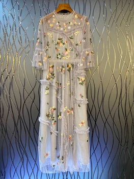 

2020 Spring and Summer New Women's round Neck Embroidery Jacquard Color Panel Perspective Long-Sleeved Dress 712