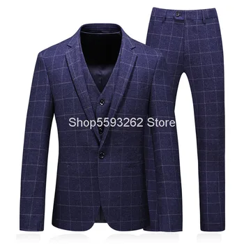 

Suit Men Grid Suit Suit Three-piece Set Dress Suit Groom Dress 8658