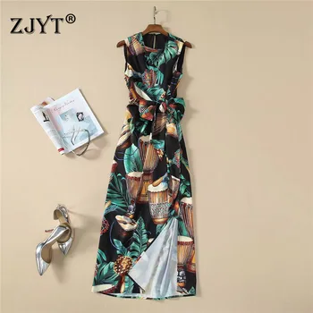 

Runway Dress 2020 Spring Summer Women Fashion Sleeveless Vintage Print Lace Up Side Split Long Vacation Casual Dress Vestidos