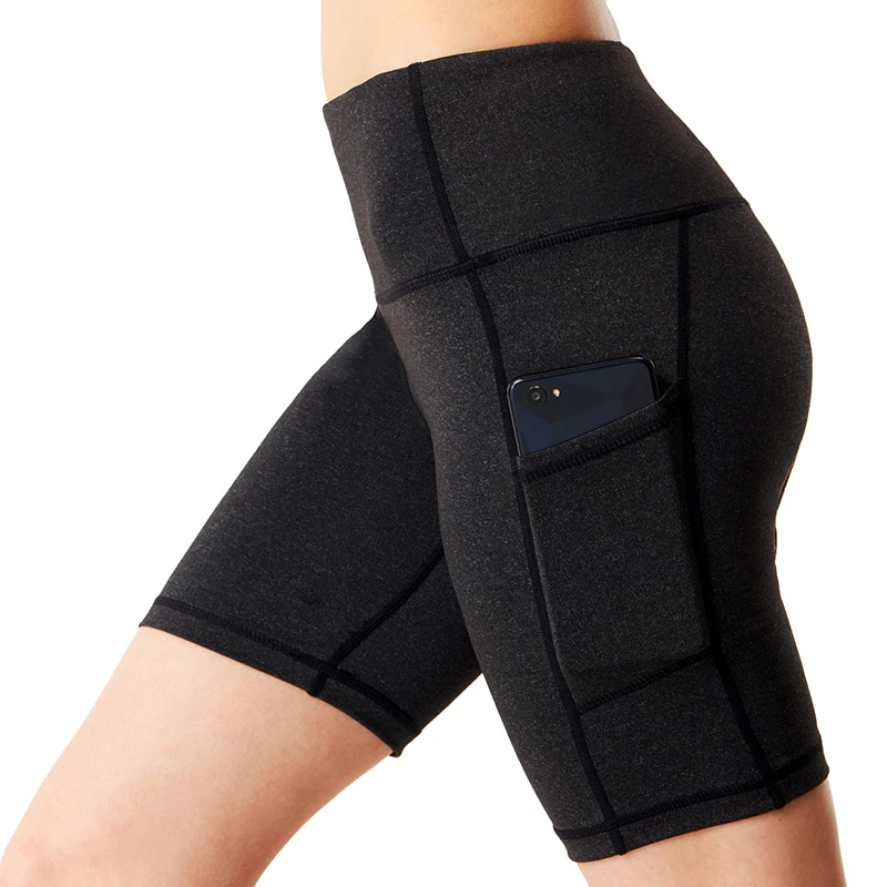 Женские 8 дюймов Inseam с высокой талией для йоги, беговые Компрессионные шорты с боковыми карманами, спандекс, спортивные шорты для спортзала