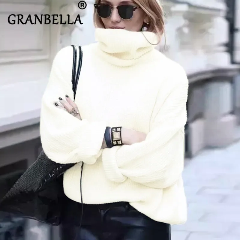 

loose bat sleeve sweater Turtleneck Long Sleeve Warm Women Casual Sweater Pullover Solid Color White Grey Elegant