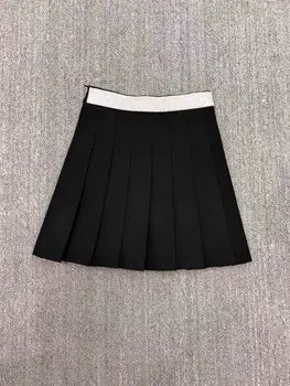 

AAW051 Women Black Skirt with Rhinestone Letter Logo Pleated Skirt A2