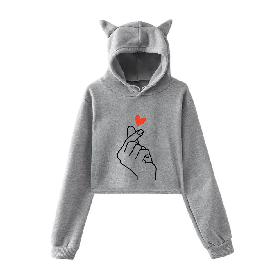 Трендовый милый укороченный топ с пальцами и сердцем Love You для девочек толстовка