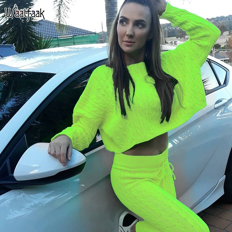 

Waatfaak Neon Loose Warm Crop Sweater Women Winter Knitted High Waist Pants Two Piece Set Ladies Harajuku Joggers Sweater Casual