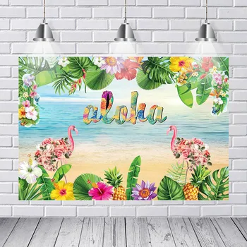 

Aloha Tiki Party Backdrop Hawaii Flamingo Photography Background Vinyl Tropical Beach Luau Birthday Party Backdrops