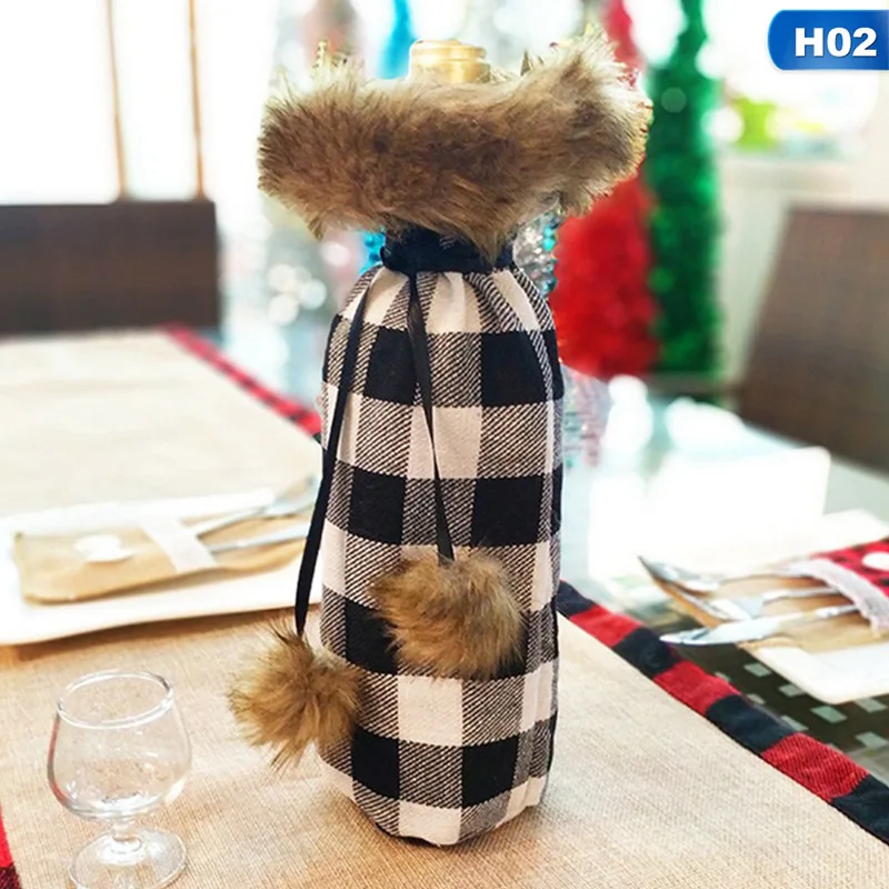 New Christmas Decorations Red Wine Bottle Covers Set Kitchen Santa Sacks Buffalo Plaid Home Decoration Accessories - Цвет: 02