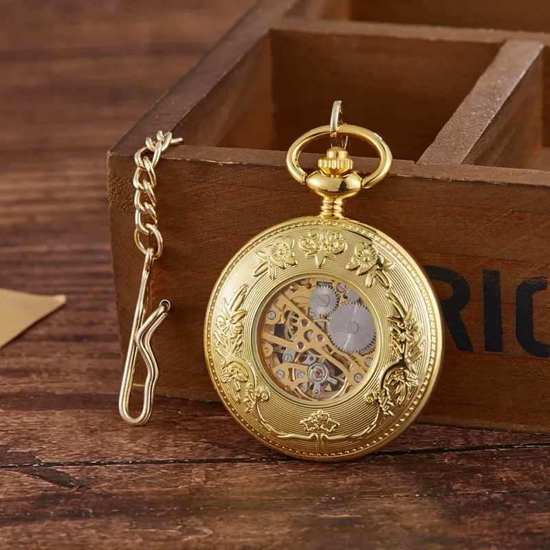 Gorben Retro Silver/Gold Skeleton Hand Winding Mechanical Steampunk Pocket Watch Pendant Necklace Chain FOB Watches