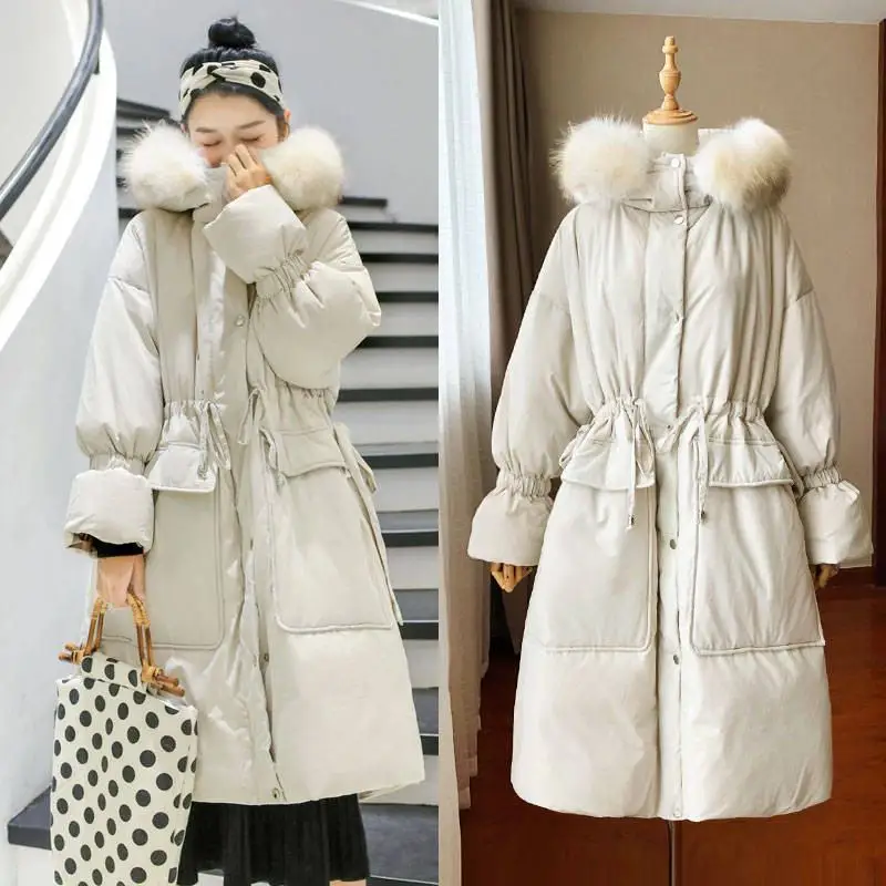 

2019 New Winter Women Large Real Raccoon Fur Hooded White Duck Down Jacket Female Oversize Long Down Coat Puffer Abrigos M129