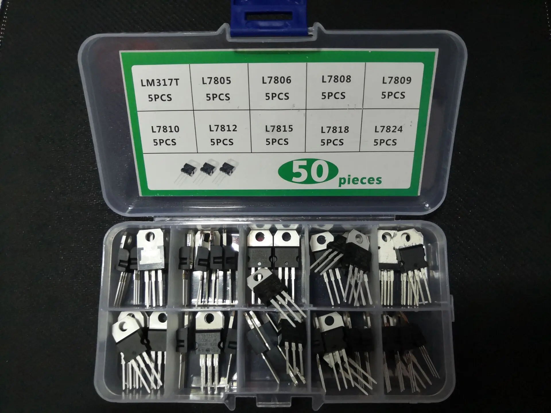 10 Valore * 5 Pz = 50 Pz Kit Transistor Lm317T/L7805Cv/7806/7808/7809/7810 L7812Cv/7815/7818/7824 Scatola Regolatore Di Tensione A Tre Terminali