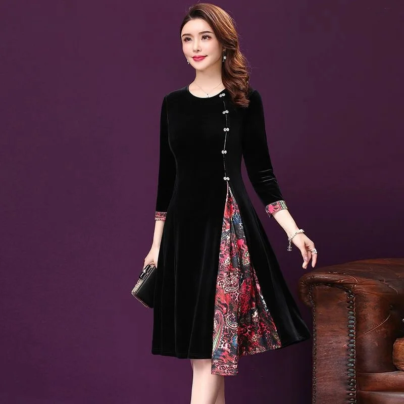 

Spring Fall Vintage Women Floral Patchwork Pleated Black Velour Dress , Woman Autumn 4xl 3/4 Sleeve Irregular Velour Dresses