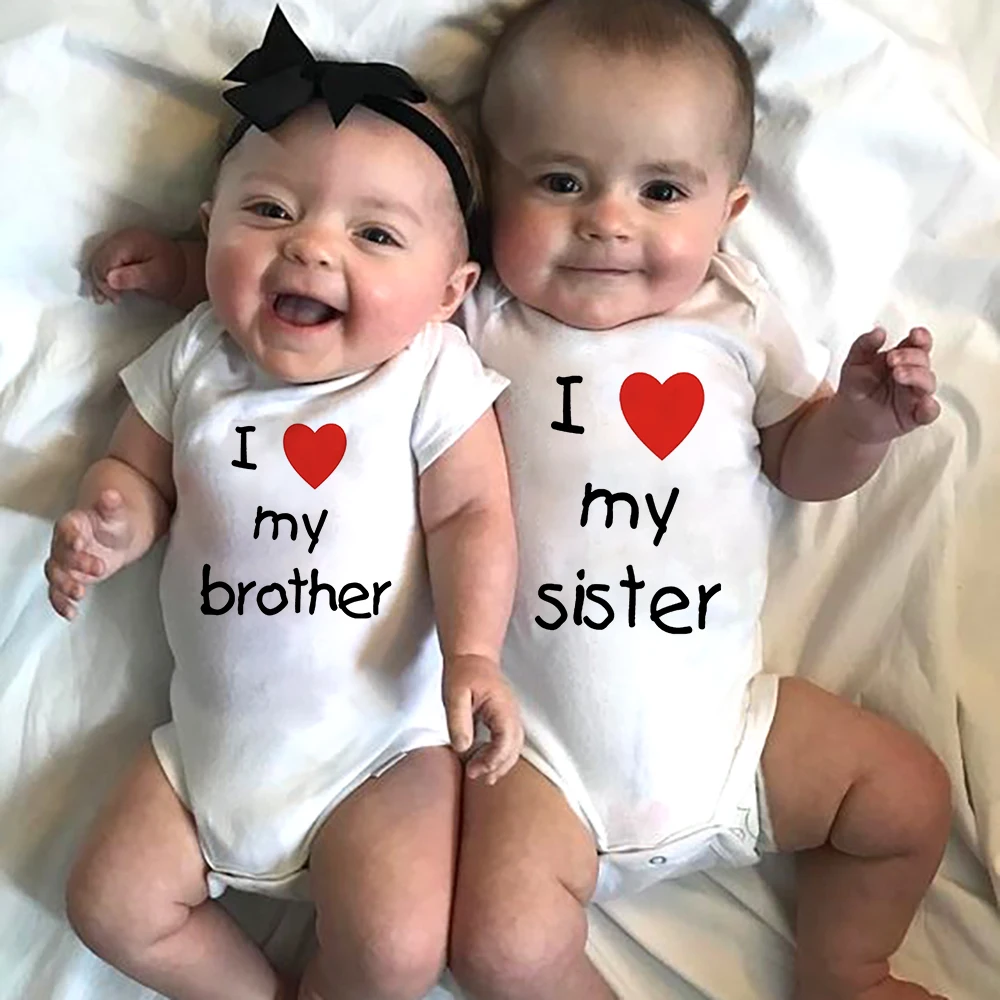 Baby Jumpsuit I Love My Sister Brother Twins Baby Short Sleeve Bodysuit Newborn Baby Boys Girls Infant Summer Romper Clothes Jumpsuit Gifts
