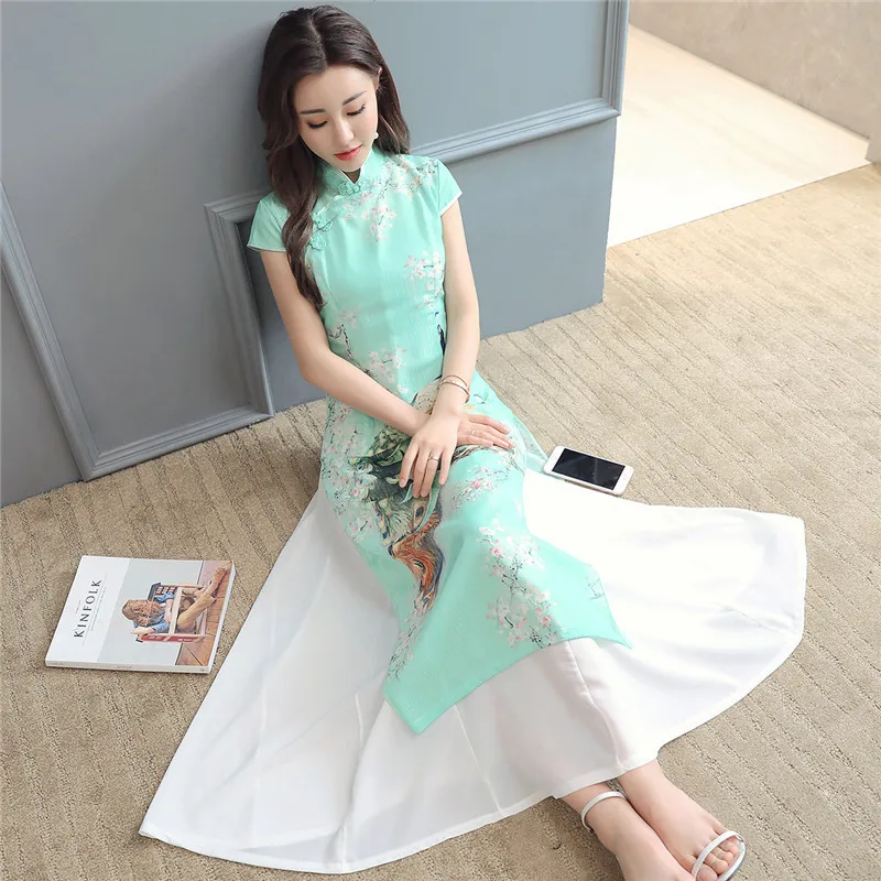Шифоновое платье летнее 2020 винтажное в китайском стиле элегантное с цветочным