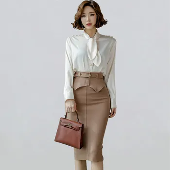 

Women 2020 Spring Sexy OL Work 2 Pieces Set Lace up Chiffon Blouses & Sheath Pencil Skirt Office Lady Skirts Suits