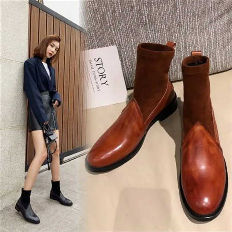 Autumn/winter 2020 Women's Boots Leather Sutured Elastic Boot Tube Genuine Leather Women Shoes