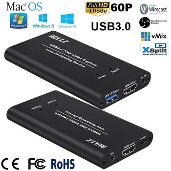 

1080P 60fps HDMI to USB 3.0 Video Capture Card Device Live Streaming Recording Box Adapter with Mic in Line Out HDMI Pass to TV