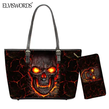 

ELVISWORDS Cool Skull Face Print Women Large Tote 2020 Fashion Gothic Style PU Shoulder Handbag and Purse for Lady Casual