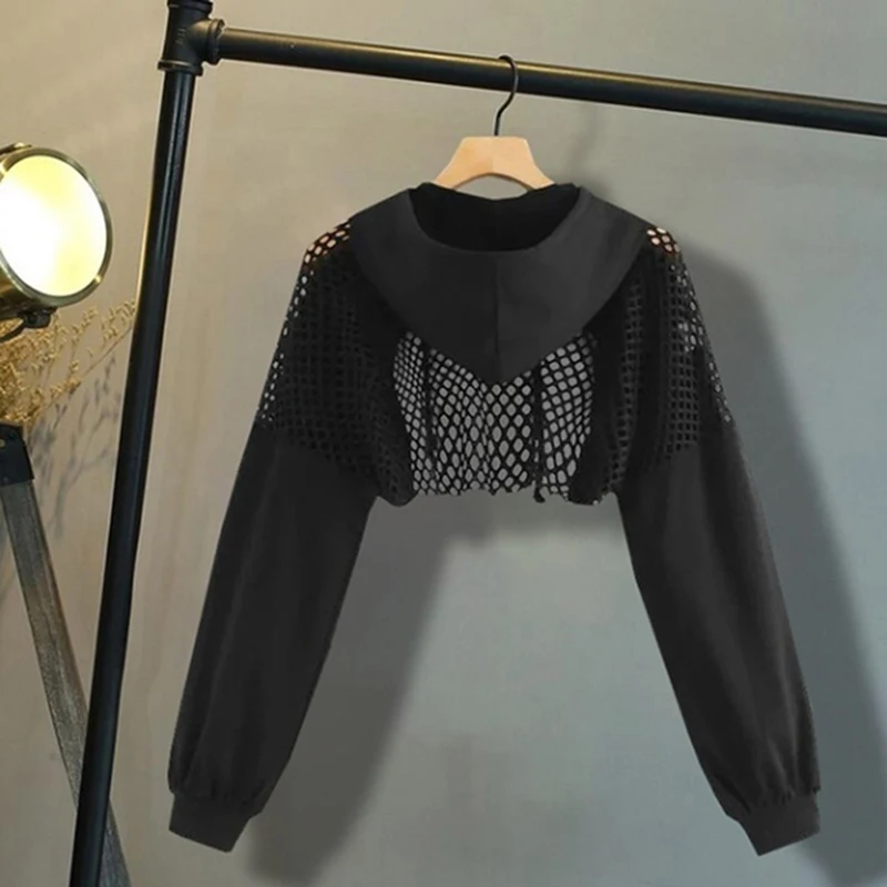 

Women Mesh Long Sleeve Hooded Fitness Black Solid Color Crop Top Women Sports Hoodie Sexy Short Cropped Navel Tops