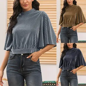 

2020 Autumn Women's Solid Color T-shirt Stand Collar Top Exposed Navel Loose Pullover Short-length Top