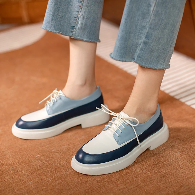Meotina Natural Genuine Leather Flats Shoes Women Round Toe Casual