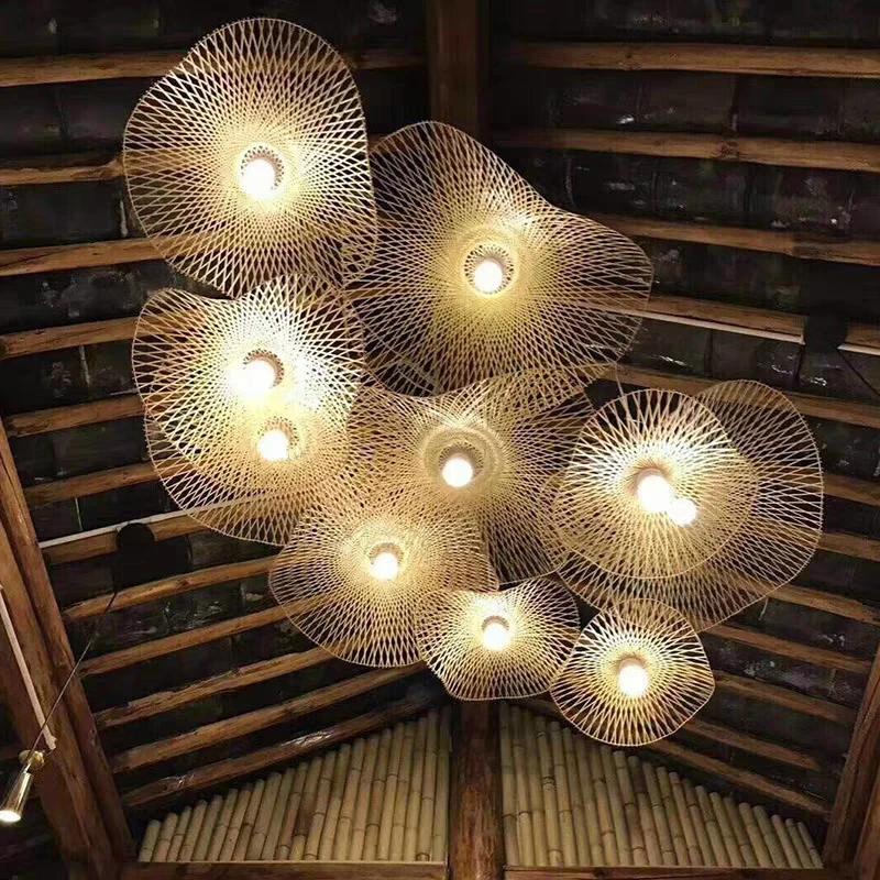 Chinese Style Bamboo Woven Wicker Pendant Lights Natural Rattan Shade Cap Hanging Lamp Restaurant Hotel Bedroom Lighting Fixture