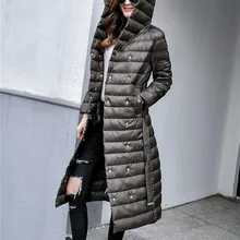 Осень зима женский пуховик парка длинный пуховик с поясом женский ультра светильник верхняя одежда пальто с капюшоном размера плюс