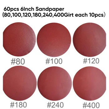 

60pcs 6 Inch Adhesive Sand Paper Sanding Disc Sandpaper 80/100/120/180/240/400 Grit For Polishing Cleaning Tools