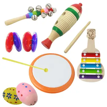 

6pcs Orff Wooden Tambourine Educational Musical Instrument with Hand Drum+Fish Frog+Wooden Guitar+Tambourine+Sand Egg+Castanet