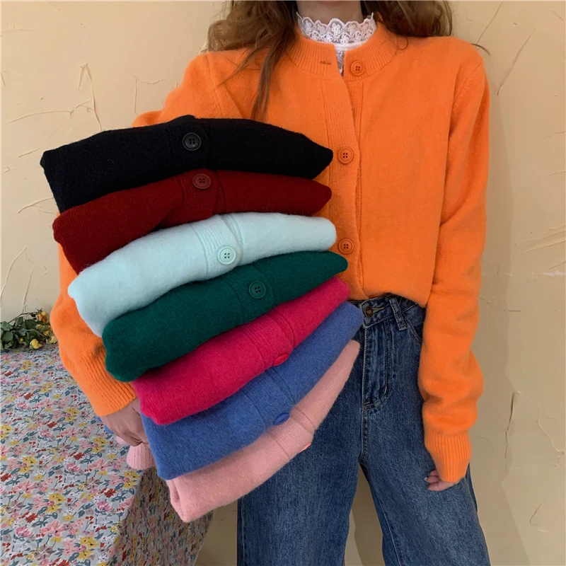 Knitted Cardigan Women's Korean Version 2020 Spring and Autumn New Candy Black Red Yellow Blue Green Pink Rose Sweater Women |