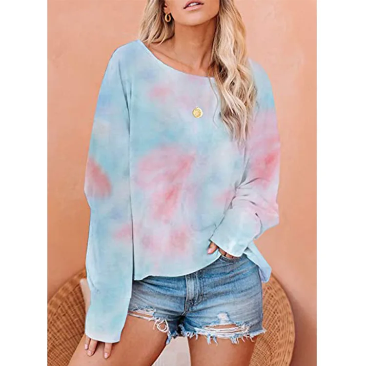 Tie Dye Print Woman T-shirts Long Sleeve Plus Size T Shirt O-neck Gradient Color Tee Shirt Trendy Sexy Women Streetwear
