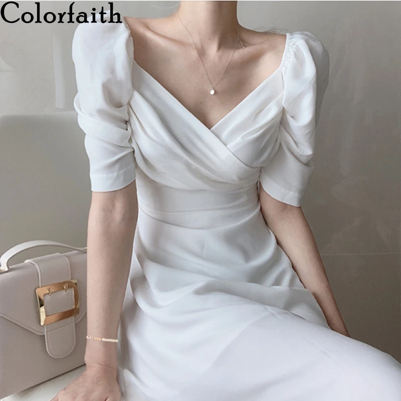 Colorfaith New 2021 Women's Summer Dresses V Neck High Waist Chiffon