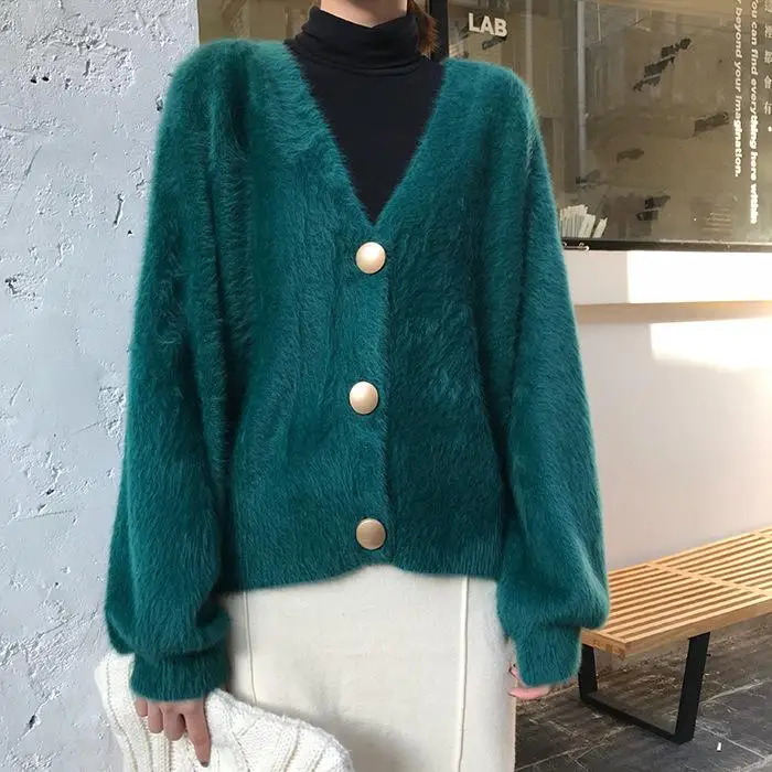USWMIE женский свитер уличная зима однобортный длинный рукав v-образный вырез Повседневный сплошной цвет удобный вязаный свитер кардиган - Цвет: Зеленый