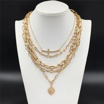 

High Quality Punk Style Horizontal Cross Pendant With Lion Charm Different Size Chain Layered Necklace For Women Girl Chic