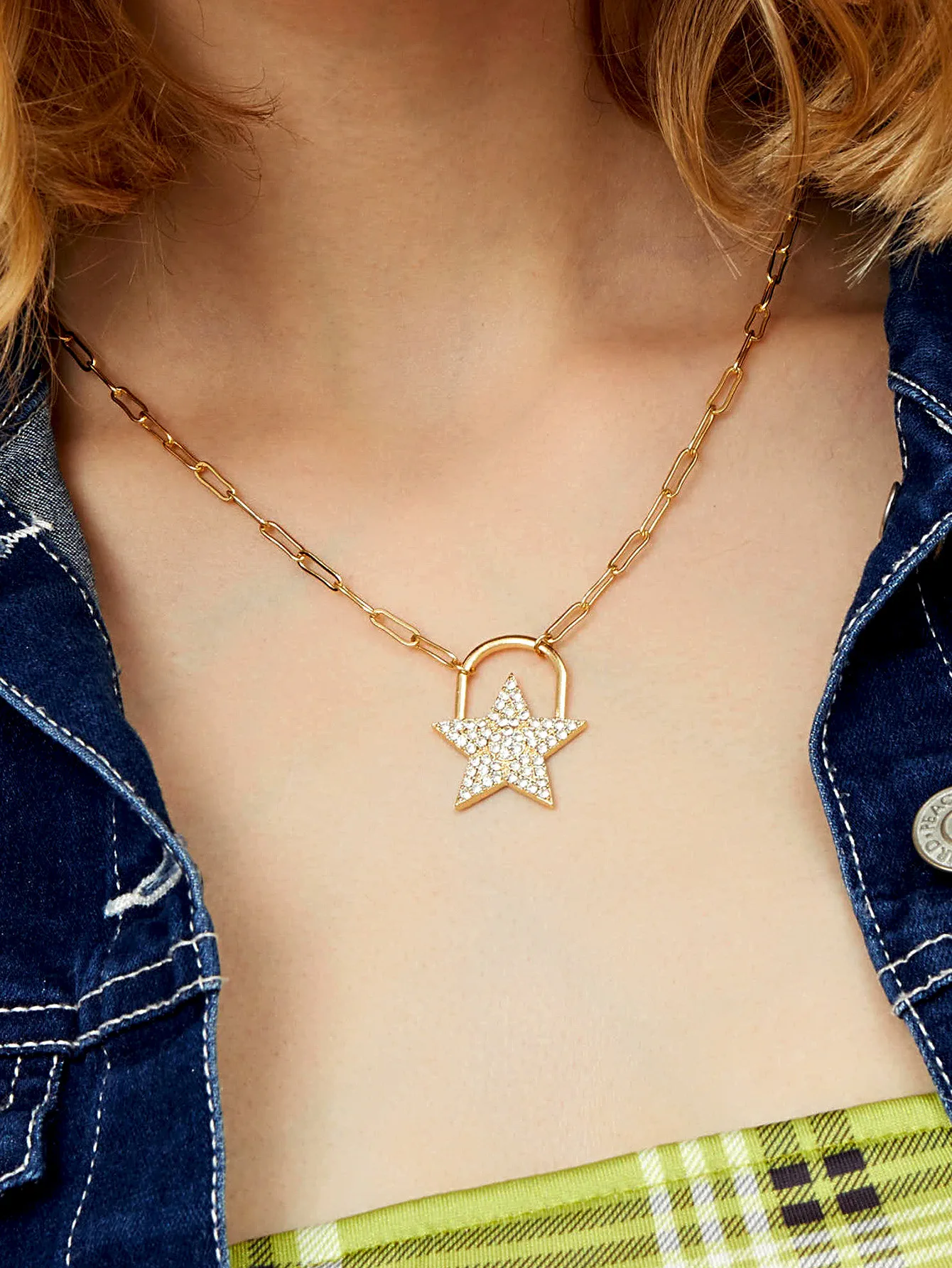 2020 New Design Daily Basic Necklace Gold Chunky Link Chain Rhinestone Paved Star Lock Pendant Necklaces For Women Birthday Gift | Украшения
