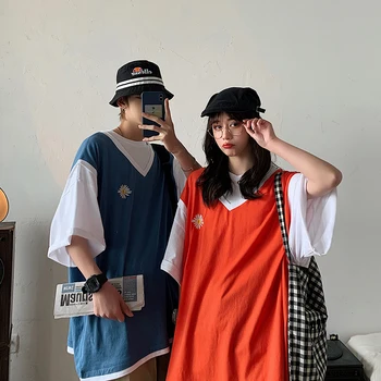 

2020 New Summer Couple Wear Little Daisy Embroidery Men's Fake Two-piece Color-matching Casual Short-sleeved T-shirt S-2XL