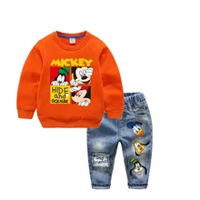 Одежда для маленьких мальчиков Осенняя толстовка с Микки Маусом и джинсы с принтом модный детский комплект одежды, осенний костюм для маленьких девочек Одежда для мальчиков в Корейском стиле
