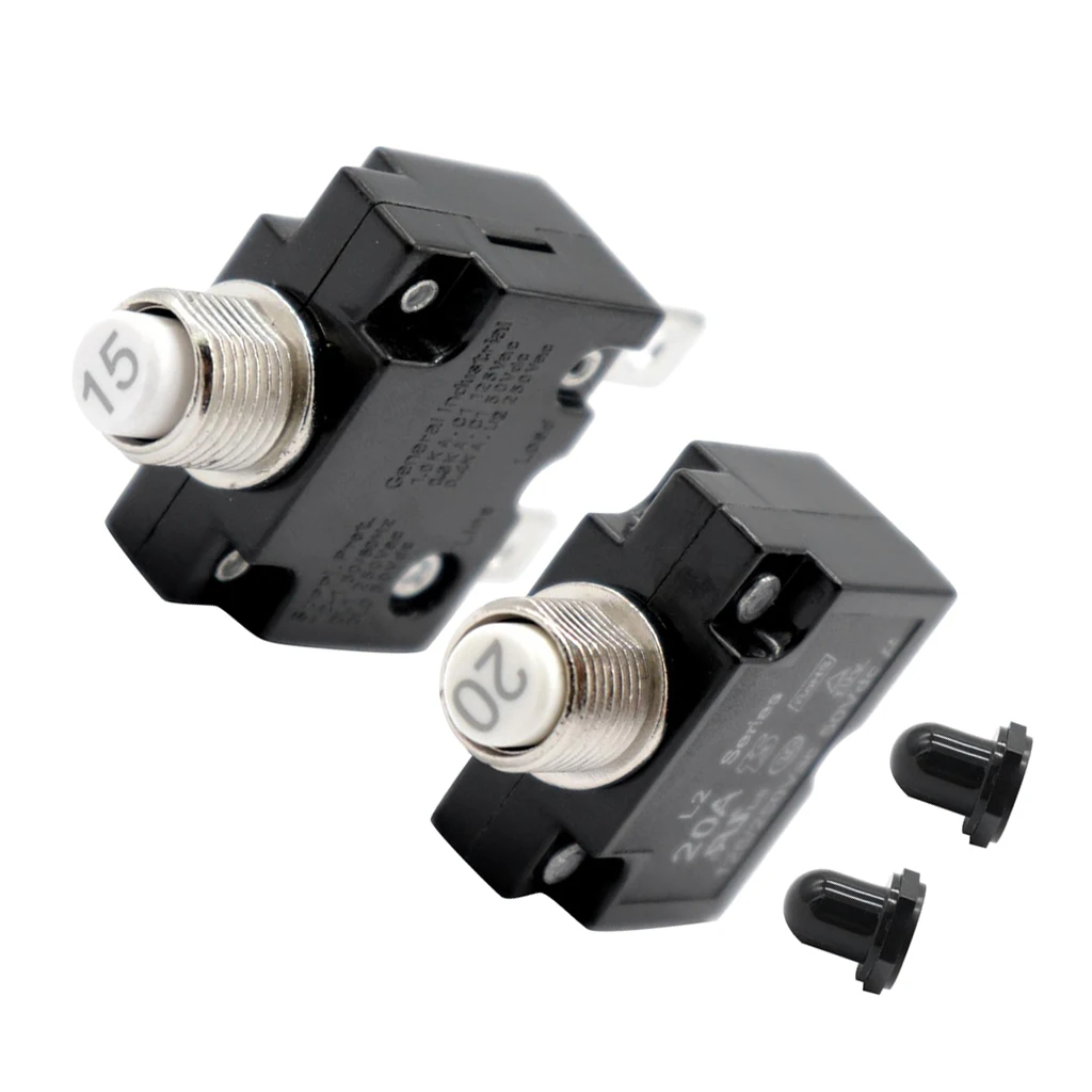 2x 15A/20A Кнопка сброса автоматический выключатель, DC 50 В AC 125/250 в тепловой защиты от перегрузки с черной водонепроницаемой кнопкой